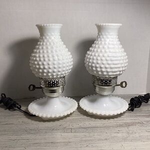 Vintage Hobnail Milk Glass 11” Vanity Lamp Set